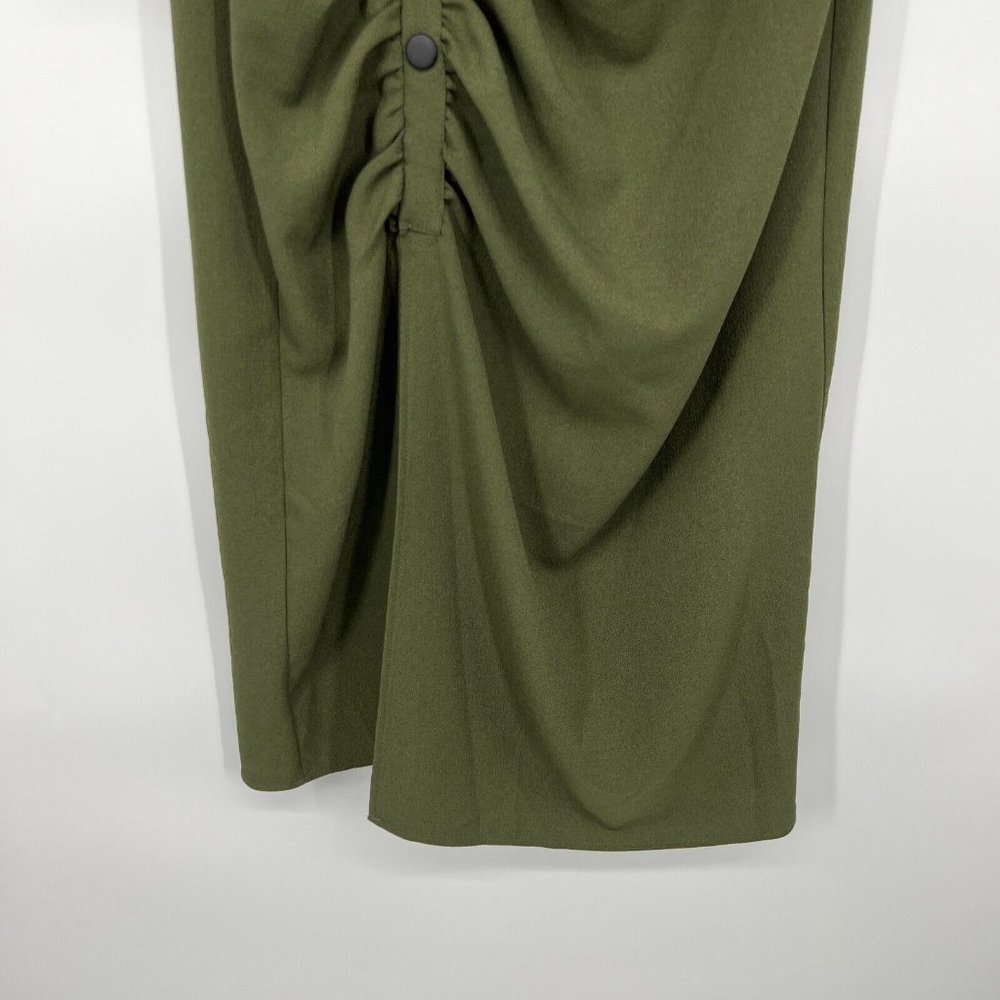 Zara Dress Green Button Front Crepe Long Sleeve Draped Midi - Picture 5 of 11